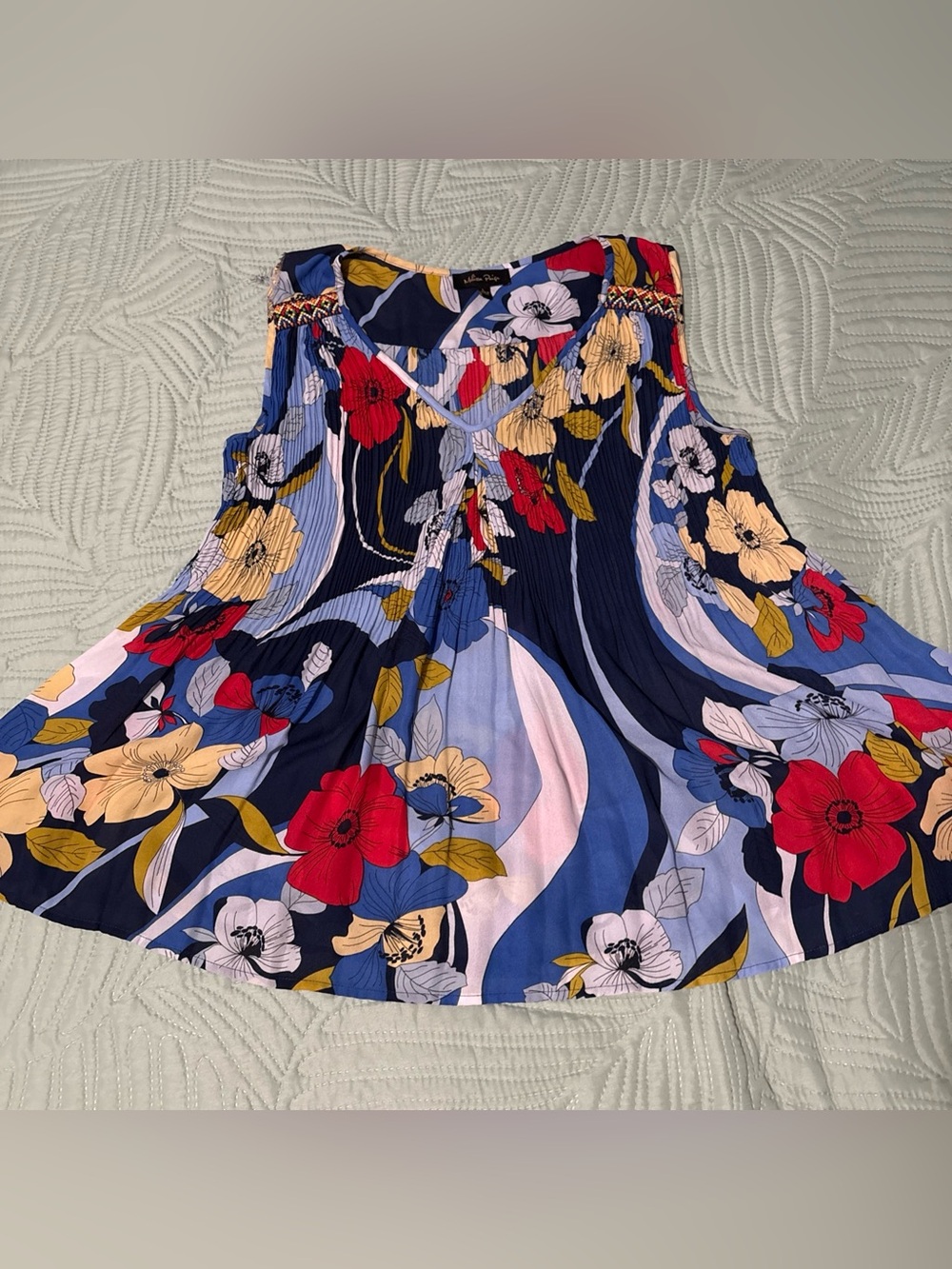 Melissa Paige Blouse Women Large Floral Pleated Sleeveless V-Neck Chiffon